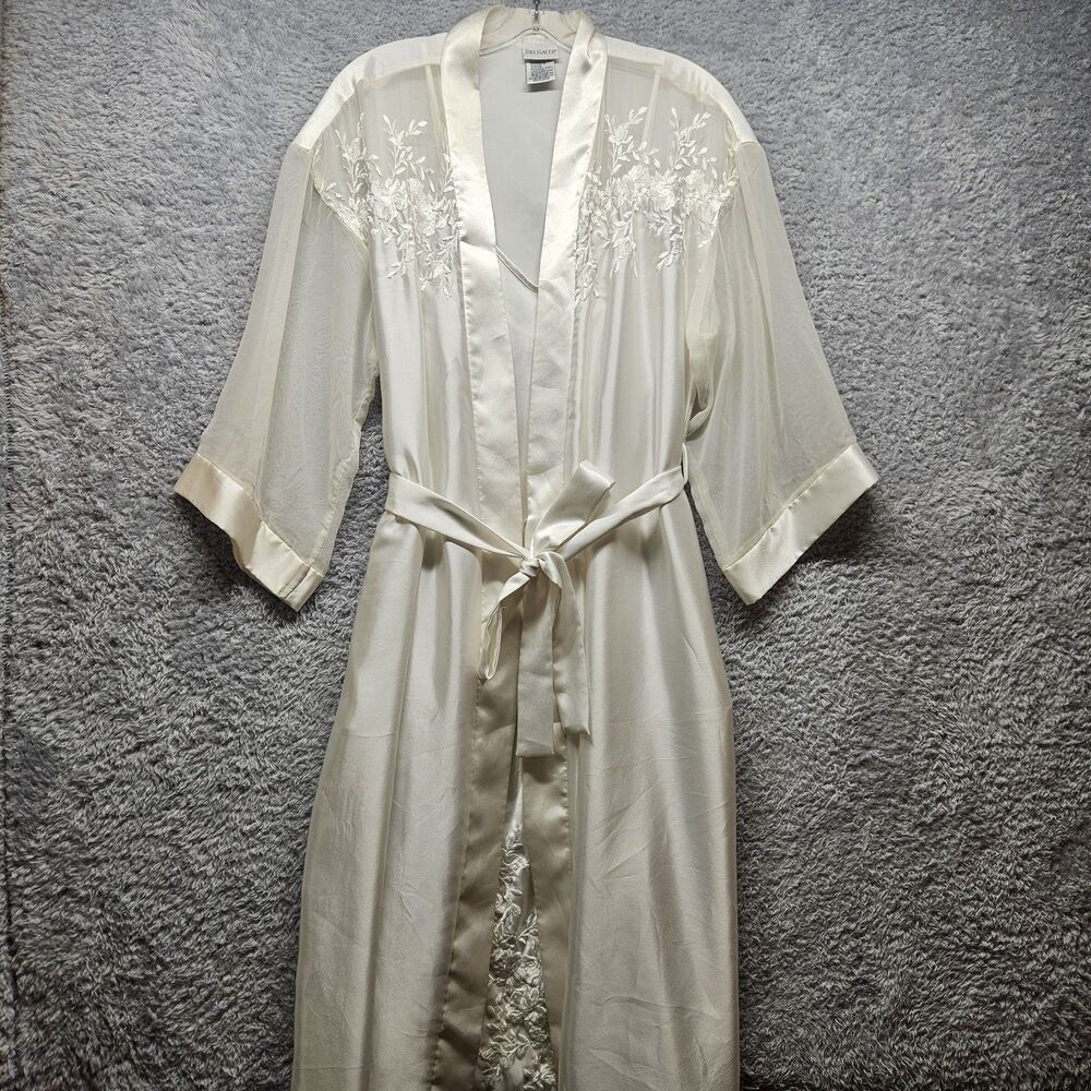 Delicates Womens Ivory Satin Night Gown Robe Set Size Medium Vintage Lace Floral